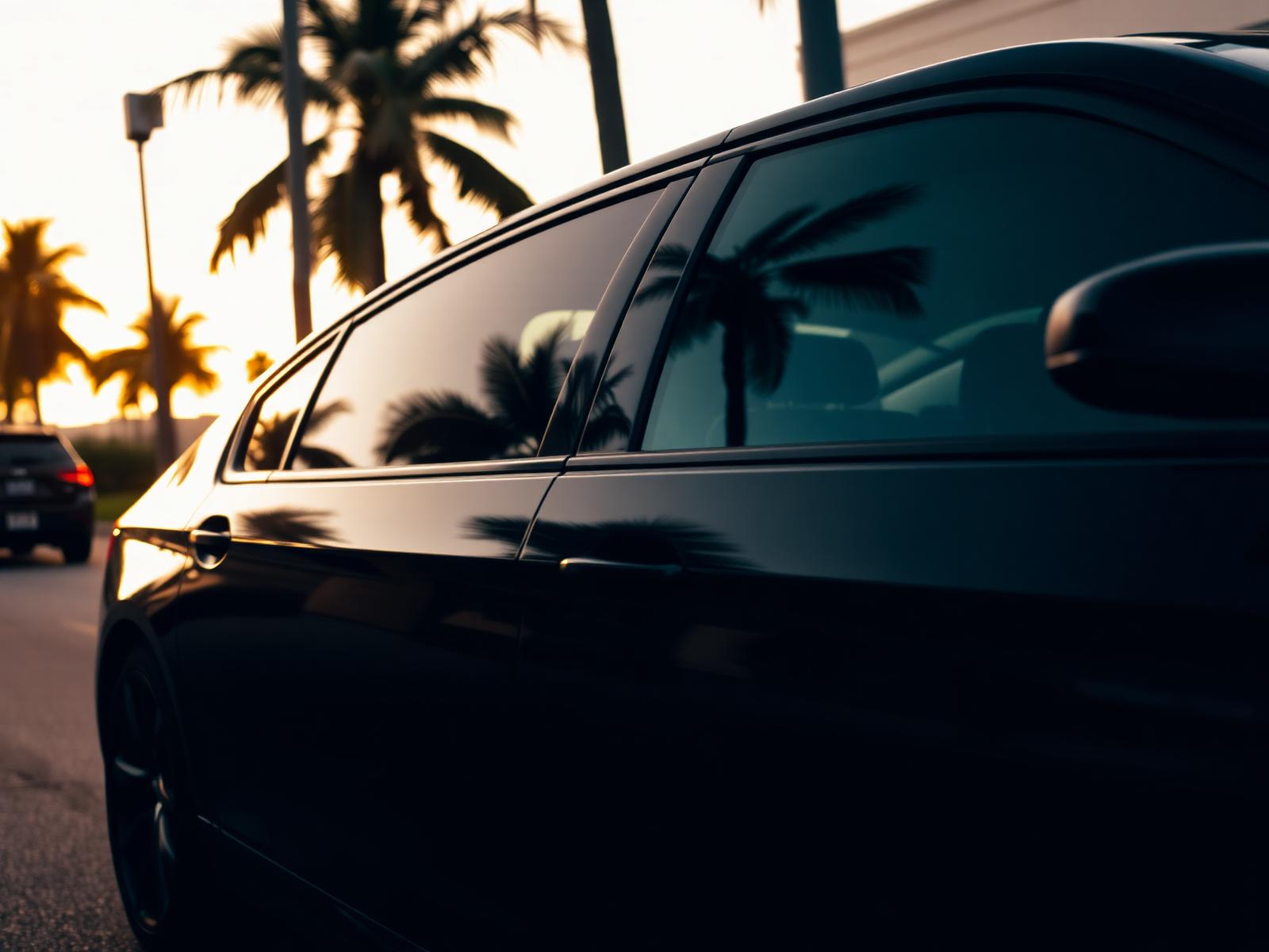 Dark sedan with freshly tinted windows at sunset in South Florida