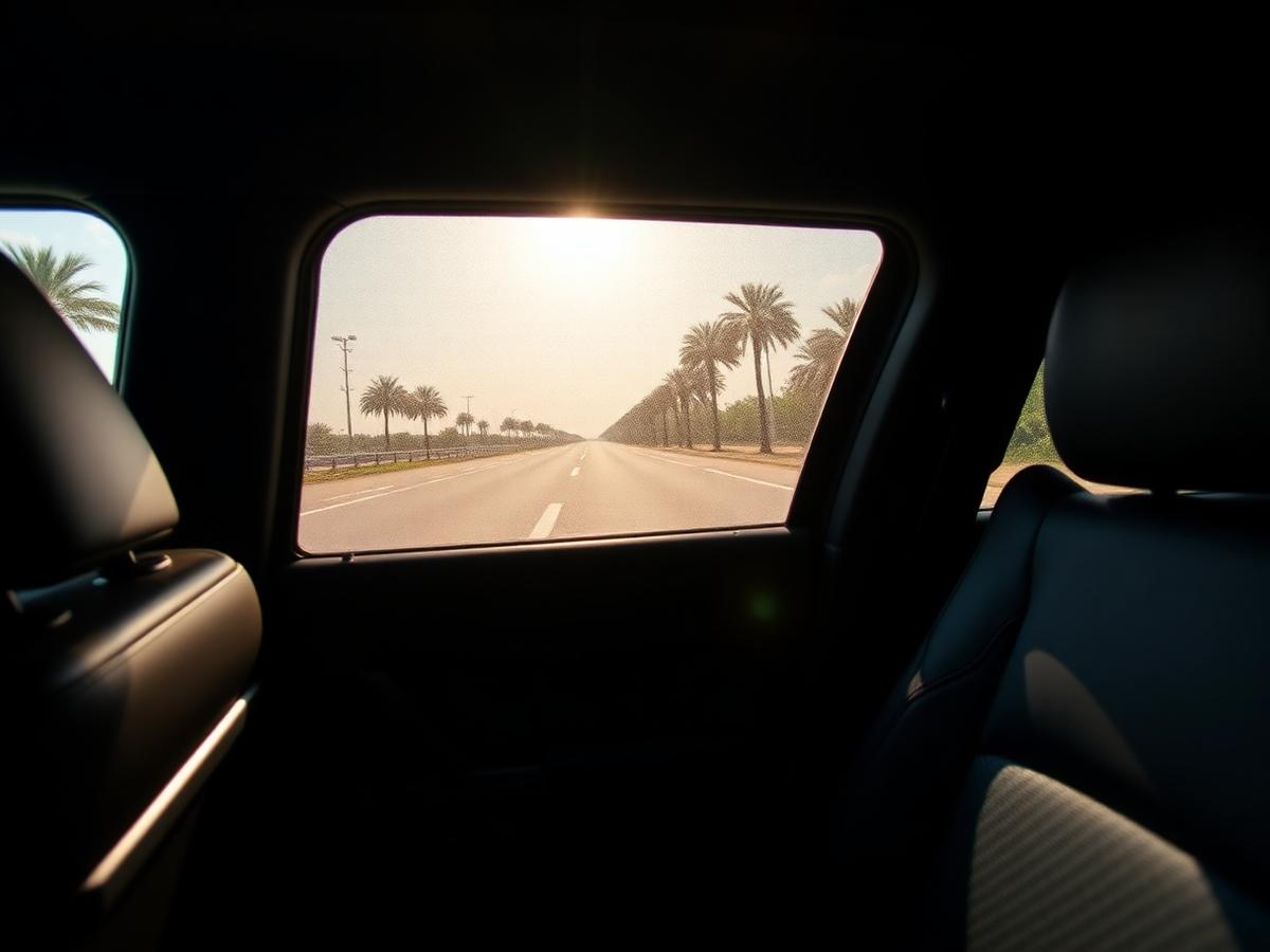 View through a tinted car window at a bright sunny Florida road